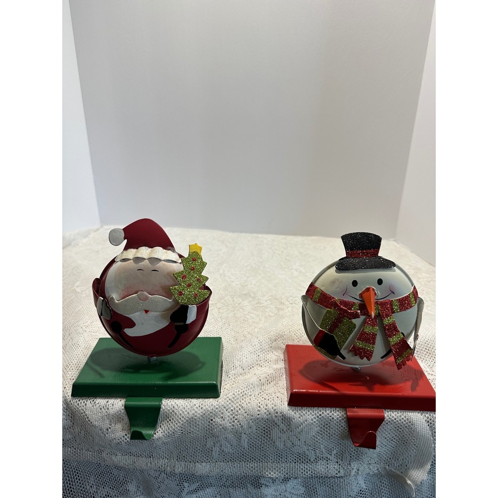 Christmas‎ Stocking Holders Santa Snowman Set Metal Hearth Hooks Mantel Decor